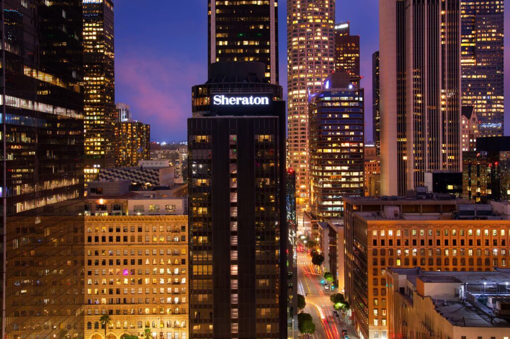 Sheraton Grand Los Angeles among the downtown Los Angeles towers at dusk